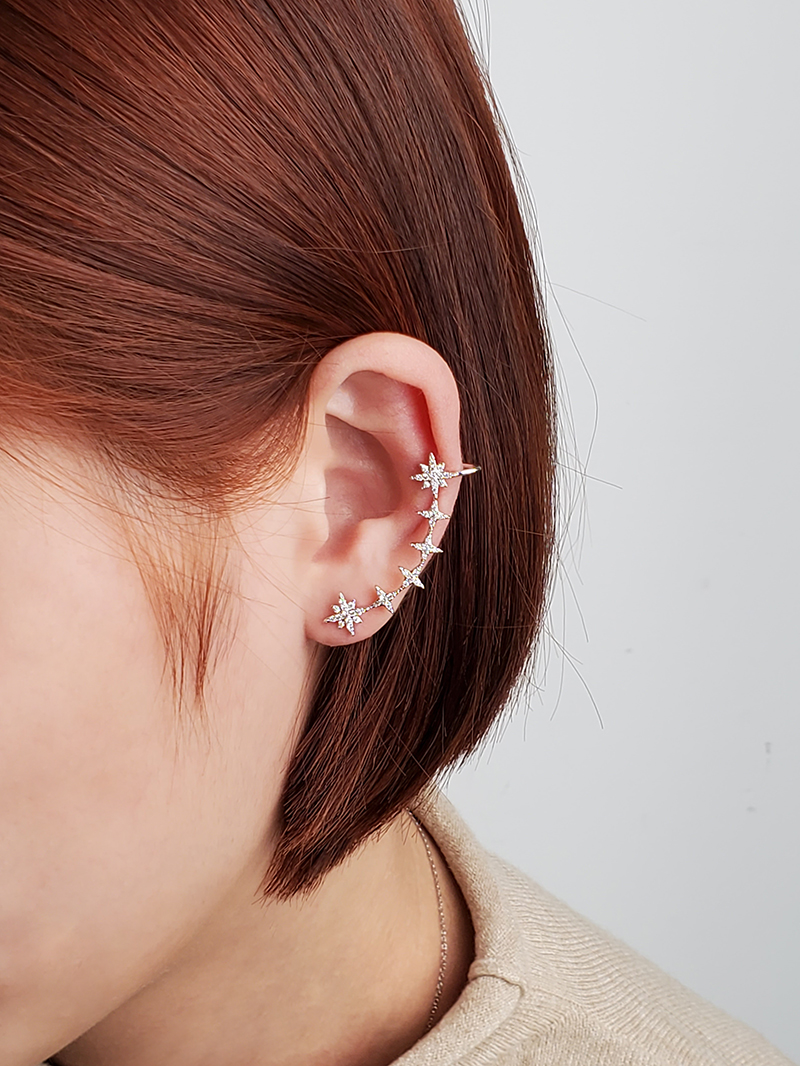 六連星水鑽耳環攀耳式耳環星星耳環聖誕節飾品銀針耳環
