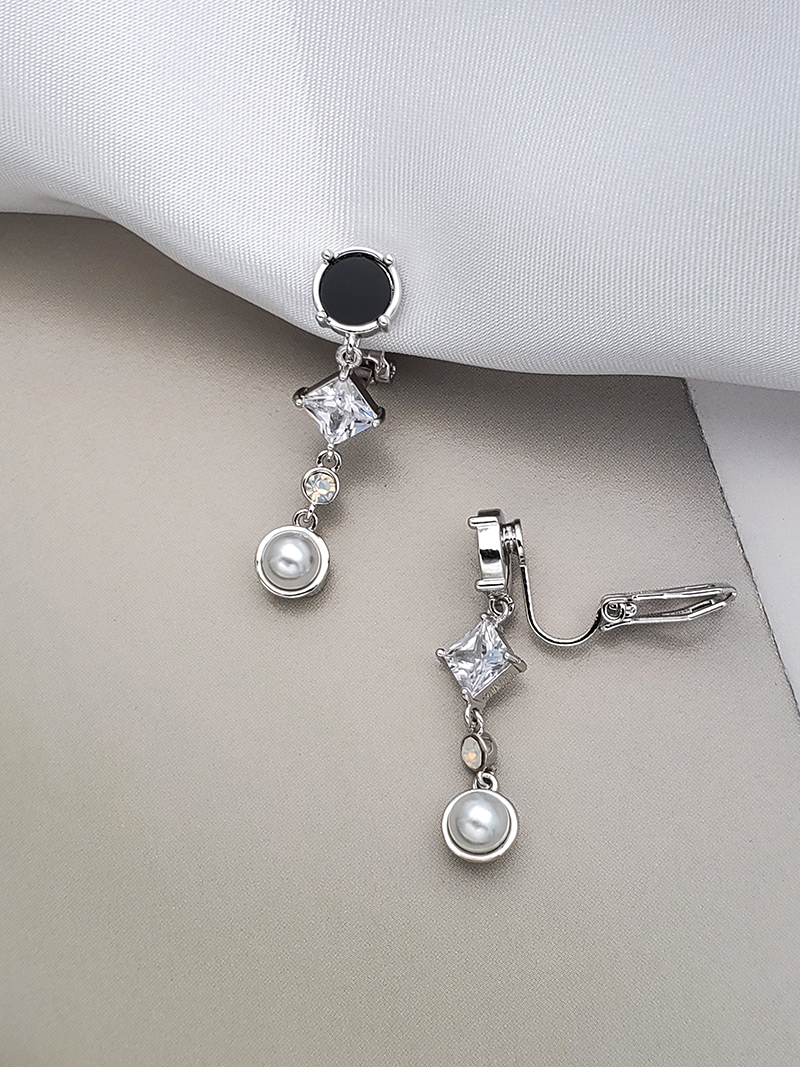 黑瑪瑙珍珠四方鋯石鋯鑽無痛夾式耳環夾式垂吊耳環珍珠耳環